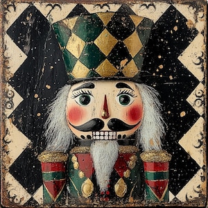 May include: A vintage-style nutcracker with a green and gold hat, a white beard, and a red and green uniform. The nutcracker is painted on a black and white checkered background.