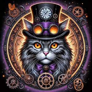 May include: A digital illustration of a cat in a steampunk style. The cat has gray fur, orange eyes, and wears a top hat with a clock, purple goggles, and a purple bow tie. The background features gears and a circular frame.