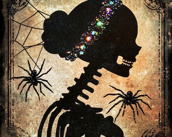 Gothic Skeleton Silhouette Wall Art, 10x10 Halloween Spider Sign, Jeweled Skull Lady Plaque, Dark Victorian Home Decor, Spooky Wall Art