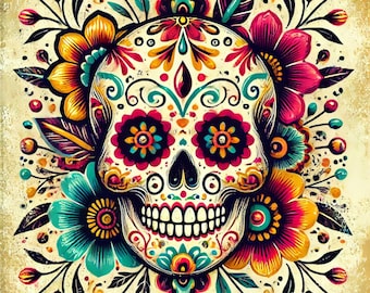 Colorful Sugar Skull Metal Sign, Día de los Muertos Wall Art, Mexican Floral Calavera Decor, Sublimated Gothic Home Gift, Fiesta Skull Art