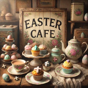 Vintage Easter Café Metal Sign, Rustic Farmhouse Easter Wall Decor, Shabby Chic Spring Kitchen Sign, Antique-Style Floral Tin Plaque