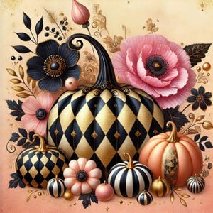 May include: A still life featuring a collection of pumpkins decorated with black and gold diamond patterns, a peach pumpkin with gold accents, and pink flowers.