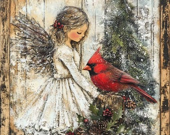 Rustic Angel and Cardinal Metal Sign, Winter Guardian Angel Wall Art, Vintage Christmas Home Decor, Faith-Inspired Country Barn Print