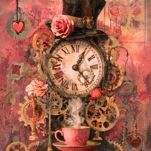 May include: A steampunk-themed artwork featuring a clock face with Roman numerals, gears, and roses. A teacup with steam rising from it sits below the clock. The color palette includes shades of pink, brown, and gold.
