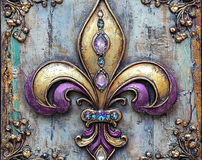 Elegant Fleur-de-Lis Wall Décor – Purple and Gold Aluminum Sign, French Home Accent, Rustic Vintage Style, Decorative Artwork