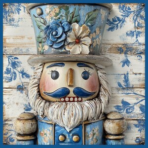 Shabby Chic Blue Nutcracker Aluminum Sign – 10x10 Vintage Spring Wall Art, French Country Home Decor, Rustic Floral Wreath Accent