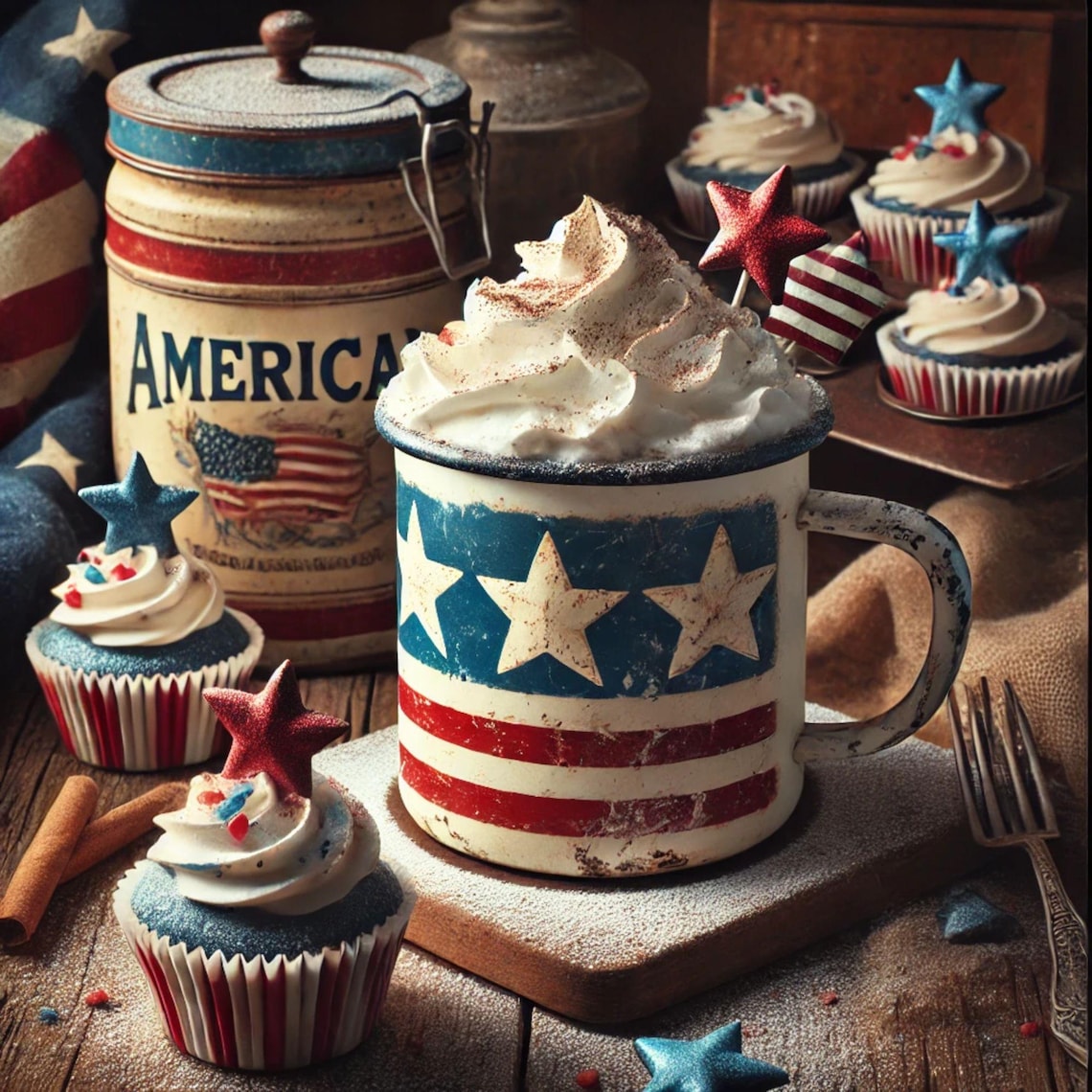 May include: A red, white, and blue ceramic mug with three stars on the front. The mug is filled with whipped cream and is surrounded by cupcakes decorated with red, white, and blue frosting. The mug has the word 