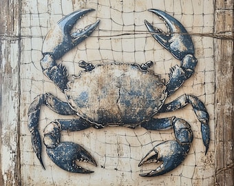 Rustic Blue Crab Aluminum Sign, Coastal Beach House Wall Art (10x10)