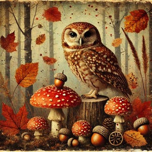 Letrero de aluminio de otoño con búho del bosque, arte metálico con hongos del bosque, decoración rústica de pared otoñal de 10 x 10, letrero para el hogar con búho y bellotas