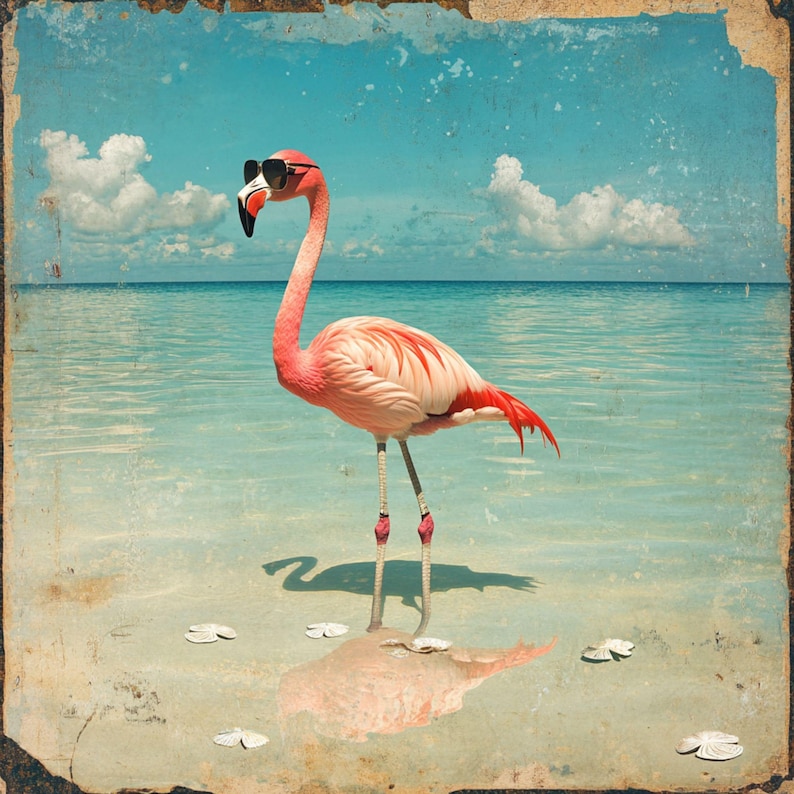 May include: A pink flamingo wearing sunglasses stands on a sandy beach with blue water in the background.