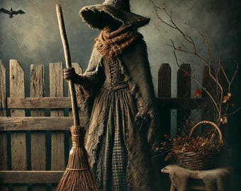 Rustic Witch Metal Sign – Vintage Halloween Decor, Spooky Farmhouse Wall Art, Witch with Broom Sign, Gothic Cottagecore Aesthetic