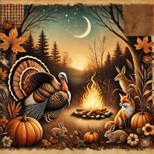 Letrero de aluminio de Acción de Gracias con temática de bosque, decoración de fogata otoñal de 10 x 10, arte de pared rústico de pavo y calabaza, letrero metálico de bosque otoñal, letrero de Acción de Gracias