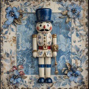 May include: A white wooden nutcracker figurine with a blue hat and red sash. The figurine is standing on a white background with blue and white floral patterns.