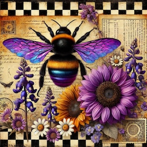 Letrero de abeja para decoración del hogar, arte mural de girasol de aluminio de 10 x 10 pulgadas, obra de arte vintage de abeja, letrero metálico floral morado y amarillo, regalo para amantes de la jardinería.
