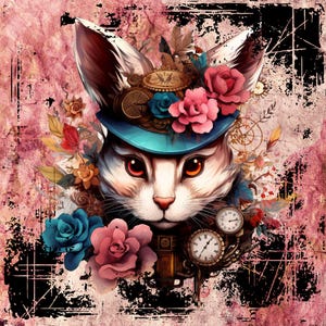 May include: A white cat wearing a blue top hat with gears and flowers. The cat has red eyes and a white and gray striped face. The hat is decorated with pink, blue, and white flowers. The background is a pink and black grunge pattern.