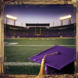 May include: A purple graduation cap with a gold tassel rests on a football field. The background shows a stadium filled with spectators, illuminated by stadium lights. The image has a distressed, textured border.