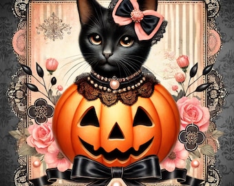 May include: A black cat with a pink bow and a pearl necklace is set against a Halloween-themed backdrop. The cat is wearing a lace collar and is positioned above a carved orange pumpkin. Pink roses and black bows complete the festive design.