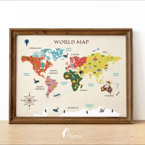 Mapa mundial - Póster educativo - continentes, océanos y monumentos - 40x50cm