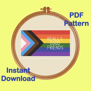 Op de afbeelding: Een kruissteekontwerp in een houten borduurring. Het ontwerp toont een regenboogvlag met een transgender pride vlag en de tekst "REALLY GOOD FRIENDS". De woorden "PDF Pattern" en "Instant Download" zijn ook zichtbaar.