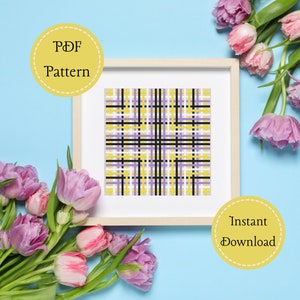 May include: A framed cross-stitch pattern with a checkered design in yellow, purple, black, and white. The text "PDF Pattern" is in a yellow circle and the text "Instant Download" is in a yellow circle.