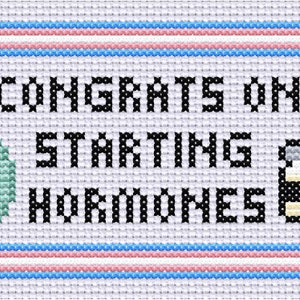 May include: Cross-stitch art with the text "CONGRATS ON STARTING HORMONES" in black. The design includes a teal egg shape and a pill bottle. The border is blue, pink, and white.