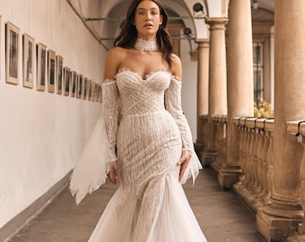 Shimmering Mermaid Wedding Dress, Beaded Strapless Bridal Gown, Detachable Sleeves