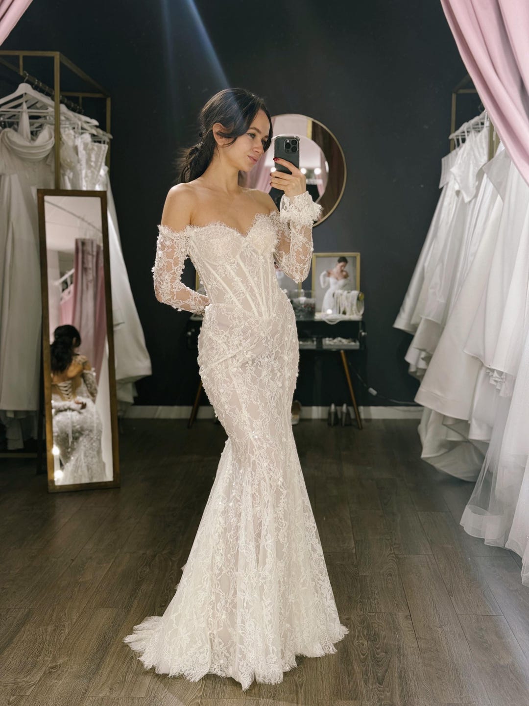 Long Sleeve Lace Corset Wedding Gown, Fitted Sweetheart Bridal Dress