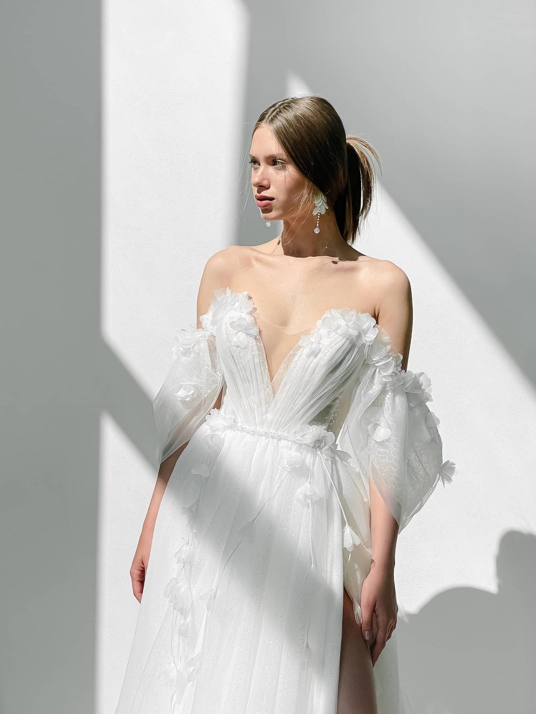 V-Neck Long Sleeves Floral Embellished A-Line Wedding Dress main image 0