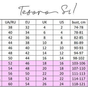 K&ouml;nnte beinhalten: Gr&ouml;&szlig;entabelle mit Brust-, Taillen- und H&uuml;ftma&szlig;en in cm, sowie entsprechenden Gr&ouml;&szlig;en f&uuml;r UA/RU, EU, UK und US. Die Tabelle umfasst Gr&ouml;&szlig;en von XXS bis 5XL. Der Markenname "Tesoro Si!" steht oben.