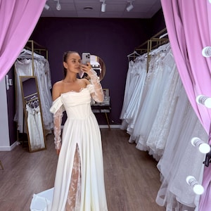 Chic Stylish Lace Wedding Dress, Lace Leg Slit Wedding Dress, Basque Waistline, Boned Corset, Romantic Long Lace Sleeves Wedding Dress