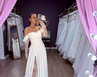 Chic Stylish Lace Wedding Dress, Lace Leg Slit Wedding Dress, Basque Waistline, Boned Corset, Romantic Long Lace Sleeves Wedding Dress
