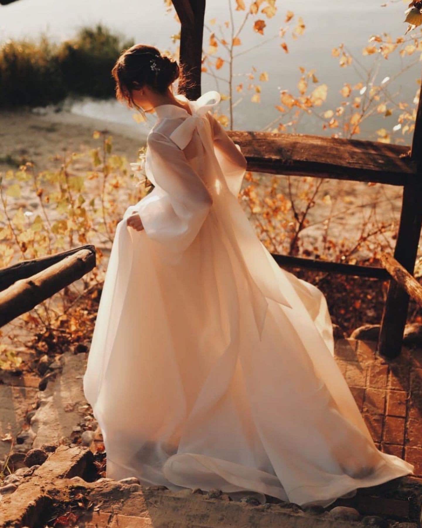Modern Wedding Dress, Organza Classic A-Line Wedding Dress, Long Puffy Sleeves Wedding Dress, Bohemian Bridal Gown, Romantic Wedding Dress