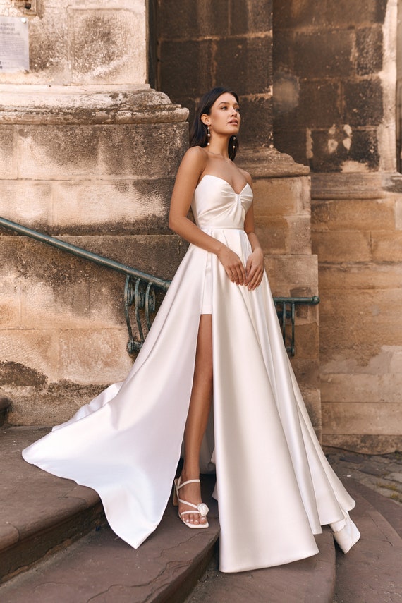 Luxury Satin Wedding Dress, Transformer Dress , Short Bridal Gown ,Short Bridal Gown with A Train, Fashionable Stylish Dress, Train to Dress