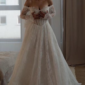 Delicate Lace Wedding Dress, Chic Lace Corset Wedding Dress, Lace Basque Waist Bridal Gown, Romantic Long Lace Sleeves Wedding Gown