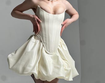 Chic Ivory Taffeta Basque Waist Wedding Corset, Drop Waist Corset Mini Skirt Bridal Set, Short Balloon Skirt, Second Look, Waist Cincher