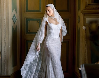 Basque Waist Lace Wedding Gown, Corset and Mermaid Skirt Bridal Set, Cinched Bodice Wedding Dress