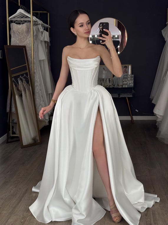 Mikado Wedding Dress, Romantic Corset, Elegant Leg Slit Ball Gown
