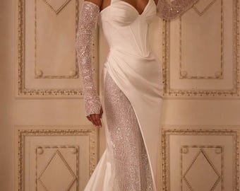 Satin Shimmer Lace Mermaid Wedding Dress, Chic Wedding Dress, Romantic Cat Eye Top, Lace Leg Inset Bridal Gown, Long Sleeve Wedding Dress