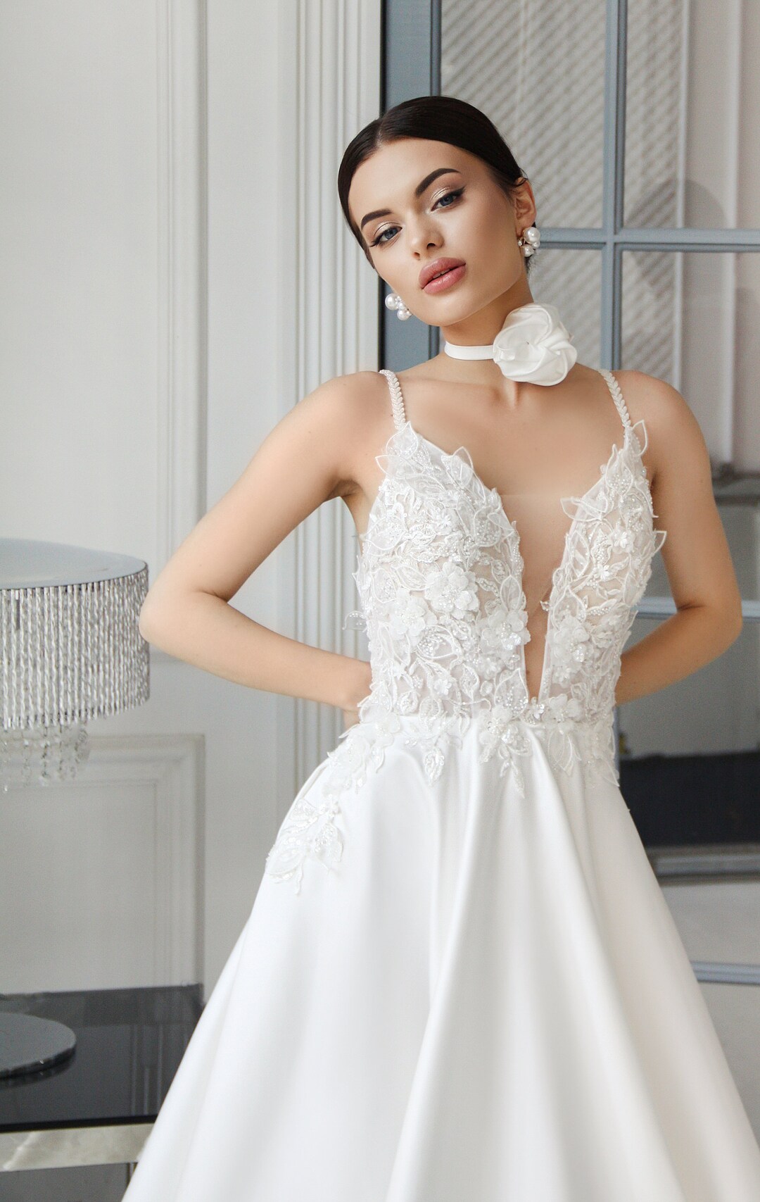 Satin Wedding Dress, Lace A-line Wedding Dress, Floral Corset Wedding ...
