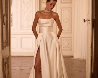 Mikado Wedding Corset Set, Luxury Wedding Basque Waist Set, A-Line Bridal Skirt, Drop Waist Draped Corset Bridal Set, Leg Slit Wedding Dress