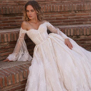 Off Shoulder Lace Corset Wedding Dress, Classy Lace Corset Wedding Dress, Romantic Long Lace Sleeves Wedding Gown, Princess Lace Bridal Gown