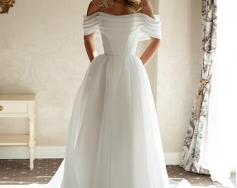 Organza Off Shoulder Sleeves Wedding Dress, A-Line Draped Corset Wedding Dress, Elegant Modern Wedding Dress, Classic Wedding Dress