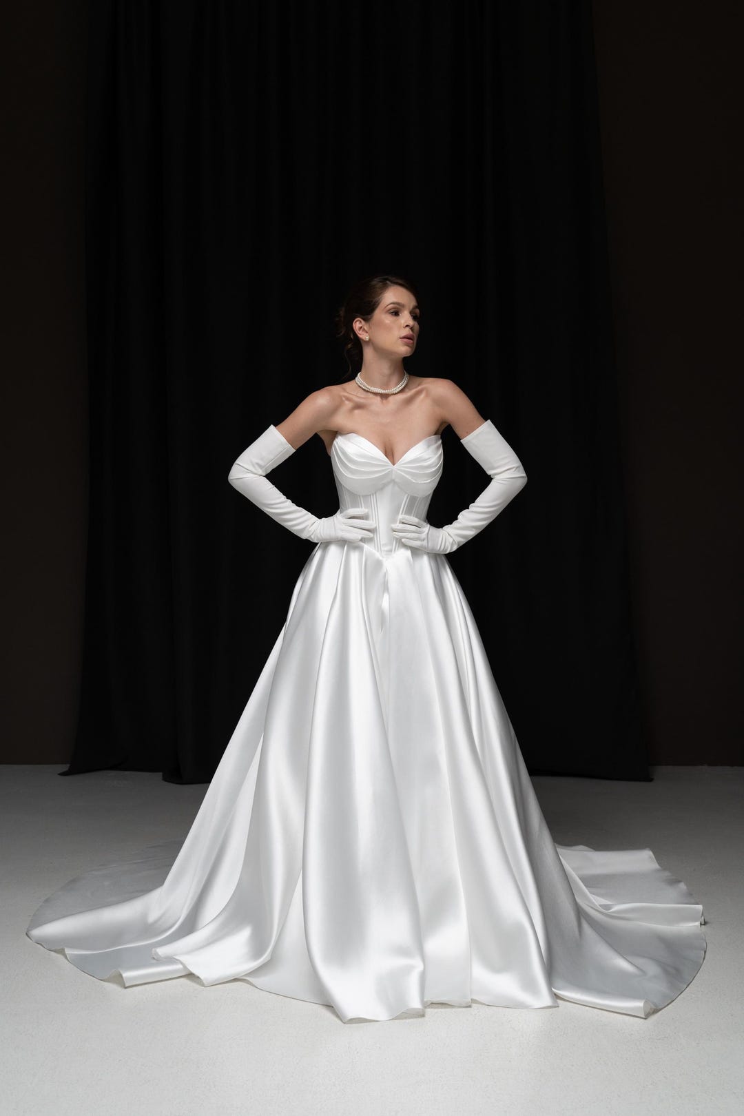 Luxury Drop Waist Wedding Dress, Princess Satin Wedding Gown, Basque Corset Wedding Dress, Angelic Wedding Dress, Boned Corset Bridal Gown