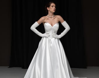 Luxury Drop Waist Wedding Dress, Princess Satin Wedding Gown, Basque Corset Wedding Dress, Angelic Wedding Dress, Boned Corset Bridal Gown