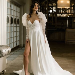 Luxury Wedding Dress, A-line Wedding Dress, Elegant Satin Wedding Gown, Classic Wedding Dress, Leg Slit Wedding dress, Angelic Wedding Dress