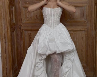 Lace Embelished Corset Wedding Dress, Dramatic Taffeta Chantilly Lace Bridal Skirt, Basque Waistline Lace Drop Waist Silky Skirt Bridal