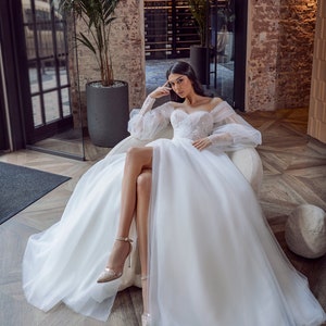 Luxury Shimmering A-line Lace Bridal Gown With Sheer Off-shoulder Puff ...