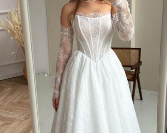 Delicate Lace Wedding Dress, Chic Lace Corset Wedding Dress, Lace Basque Waist Bridal Gown, Romantic Long Lace Sleeves Wedding Gown