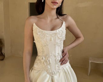 Basque Waist Wedding Corset, Ivory Drop Waist Lace Bridal Corset, Two Piece Decorated Set, Embelished Bridal Corset, Long Taffeta Skirt
