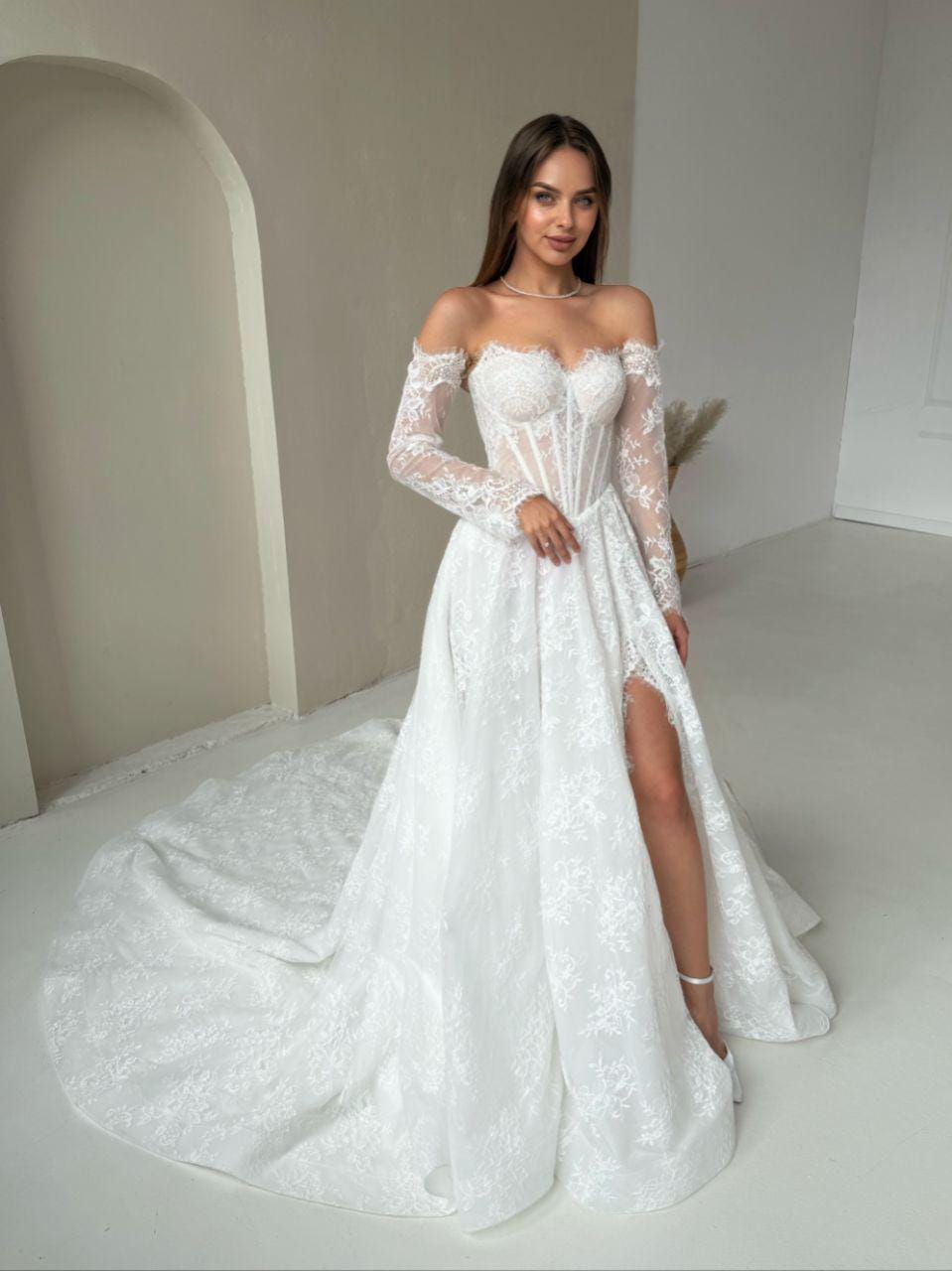 Delicate Lace Corset Wedding Dress with Long Detachable Sleeves